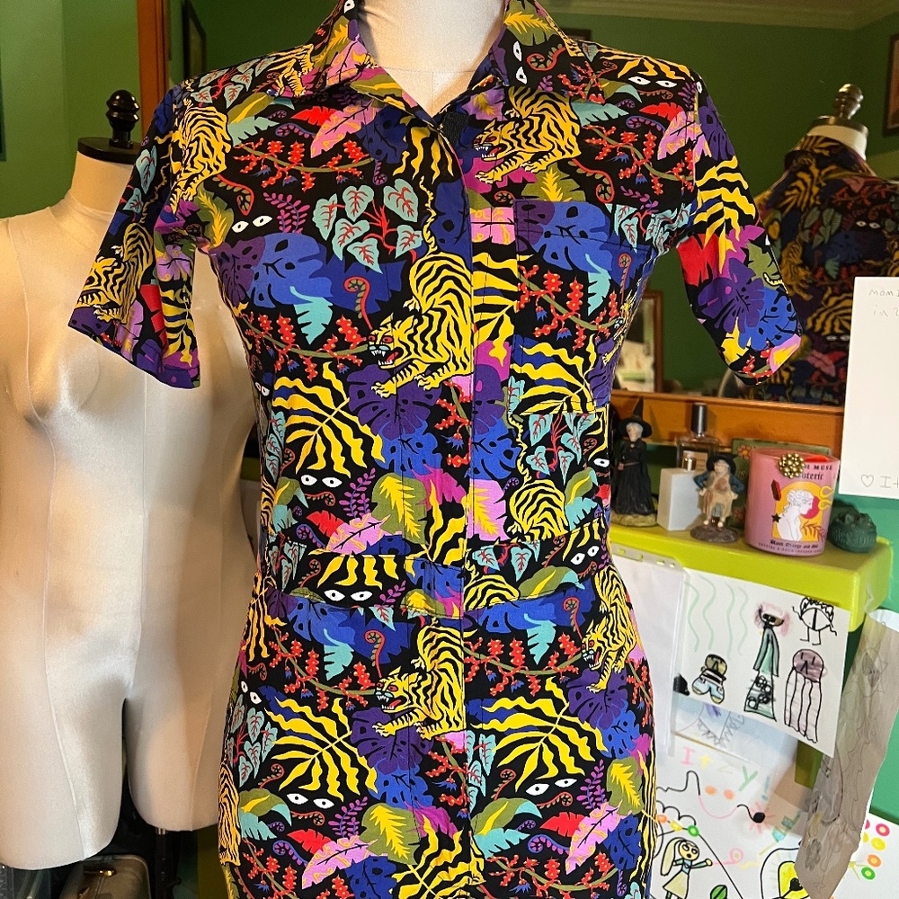 Nooworks Poplin Coverall in a Jungle Tiger print by Kim Sielbeck
